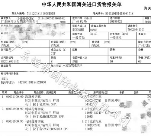 鲜花进口报关单